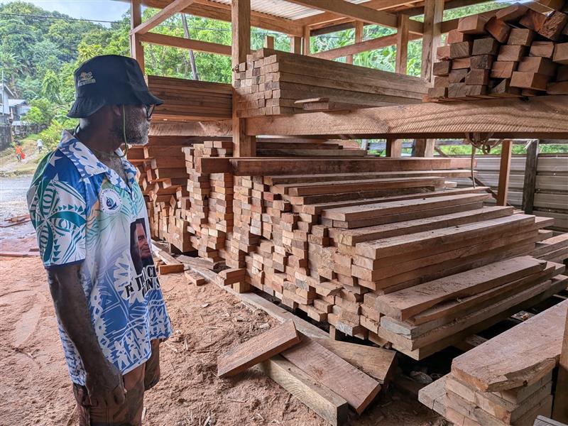 A person beside locally sourced timber for construction